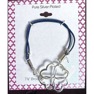 Womens Pure Silver-Plated Bracelet‎ with Two Thin Dark Blue Leather Strands 7.5"